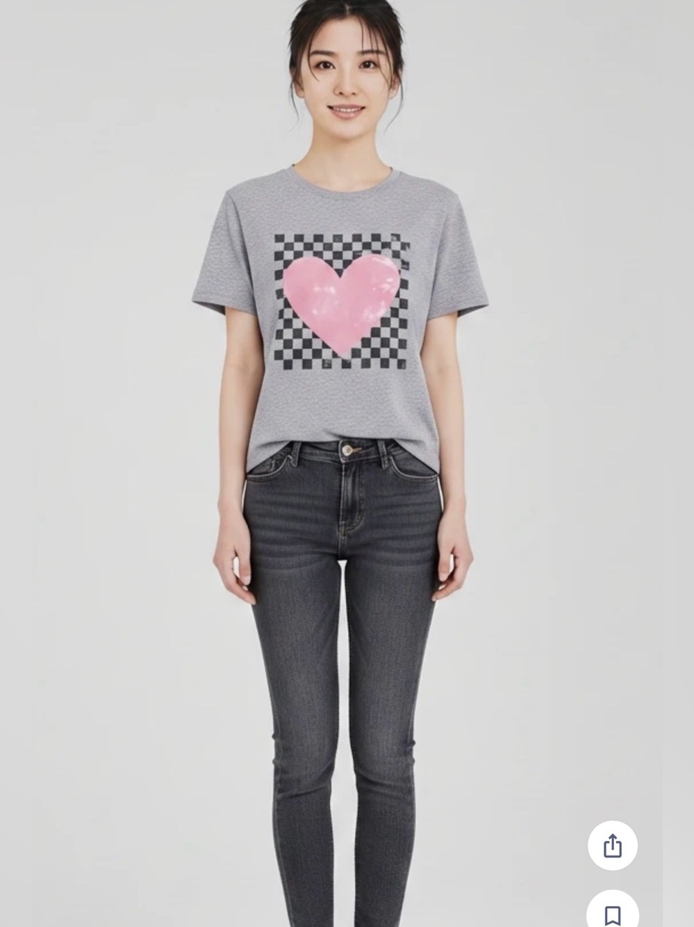 Amazon Gray Short-Sleeve Tee with Pink Heart and Black Checker Graphic